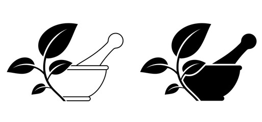 Mortar to grind herbs and leaf. Kitchenware icon. Mortars, pestle with leaves. Mixing herbal medicine icon. Pharmacy logo. Mortar and pusher for herb grinding. Medicine bowl. Healthy food, meal concep