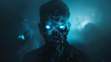 Digital zombie with glowing blue eyes representing the haunting consequences of excessive screen time