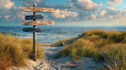 Coastal path with wooden directional signposts amidst the sand dunes under a blue sky