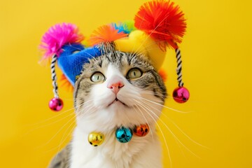 A cat with a colorful jester hat,