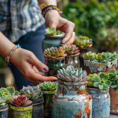 Female hands planting succulents in painted and decorated old jars. Hobby, home gardening. AI Generated