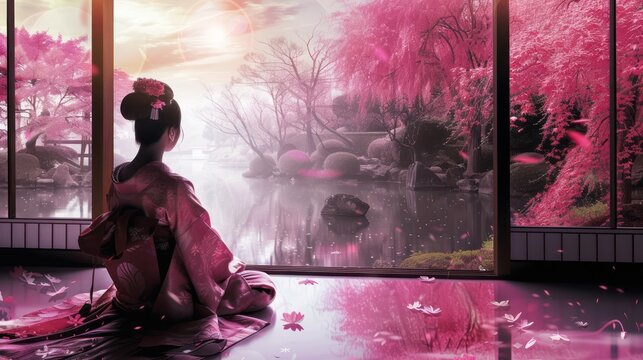 Japanese woman in Kimono, facing Cherry Blossom Spring