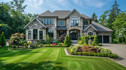 very neat and colorful home with gorgeous outdoor landscape ,house surrounded by manicured lawn and flowers, with view of the garden visible from the front door , classic house , dream style