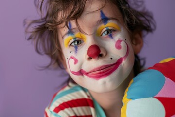 A child with a painted clown face, making a funny expression, holding a whoopee cushion, 