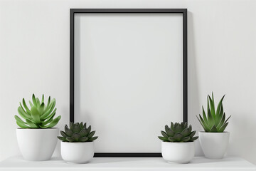 Modern home decor mockup with a black frame and plants on a white shelf