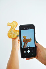 tirando foto com celular de pastel em formato de pato 