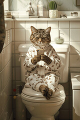 Illustration of a tabby cat wearing a paw design pijama sitting on toilet, using phone and looking directly at the camera. AI Generated