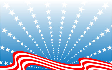 United states flag symbols ribbon on radiant starry background with copy space for text.