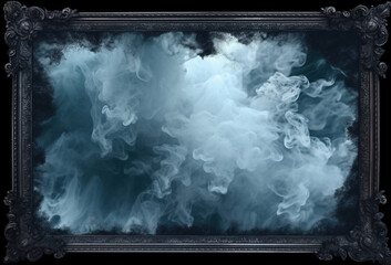 Generative AI, Blue flowing smoke around empty vintage beautiful frame. Copy space, frame mock up blank