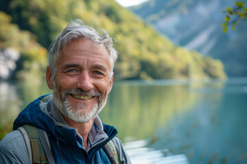 Man in his 50s  60s who exudes happiness and a sense of feeling truly alive in a beautiful natural park near a lake, genuine smile on his face