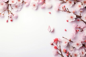 A serene composition of blush cherry blossoms and fluttering butterflies, evoking a peaceful day. Copy space