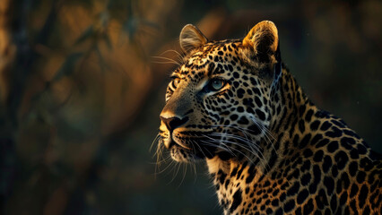 Obraz premium Majestic leopard with piercing gaze in a warm golden hour setting.