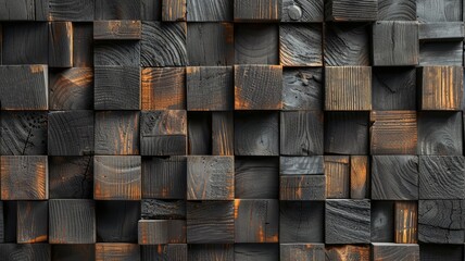 Luxurious interior wall with an intricate pattern of charred wooden blocks