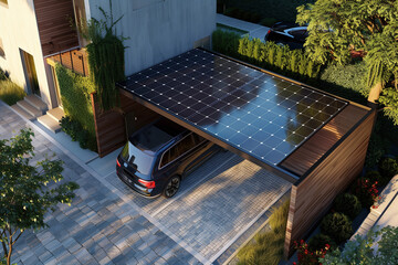 Beautiful new wooden carport with solar panels on the roof (A.I.-generated) - obrazy, fototapety, plakaty