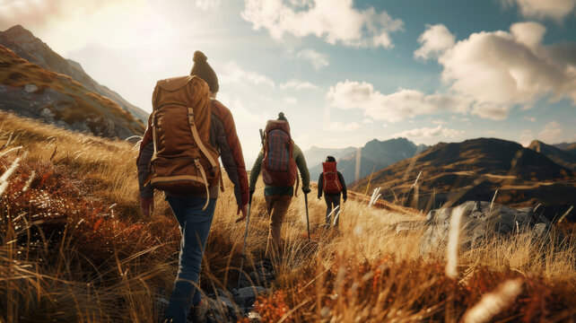 Hiking adventure with two backpackers trekking through scenic autumn landscapes.