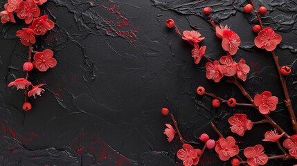 Red flowers on black oil paint background, banner, space for text, design template, solid color,...