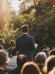 Man politician doing a speech outdoor in front of a crowd of members of a political party. AI Generated
