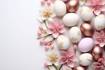 Elegant Easter eggs with gold patterns beside soft pink flowers on white. Spring celebration concept. Copy space