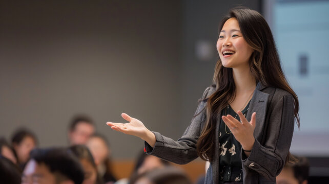 An enthusiastic young woman presenting in front of an audience.