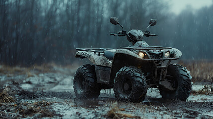 black  quad bike in the autumn field, . Front view. Extreme type of outdoor activities. ATV, quad bike in the forest, Generative AI