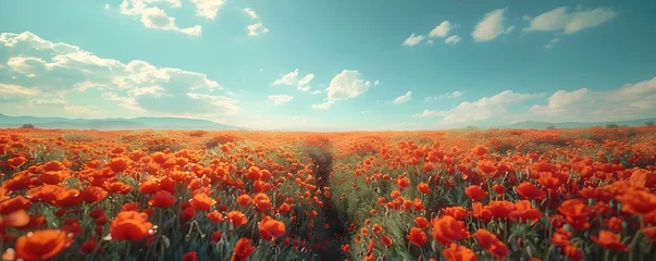 Fototapeten Poppies Blossoming in a Boundless Blue Sky. Concept Floral Photography, Nature Portraits, Vibrant Landscapes, Wildflower Fields, Summertime Blooms © Anastasiia
