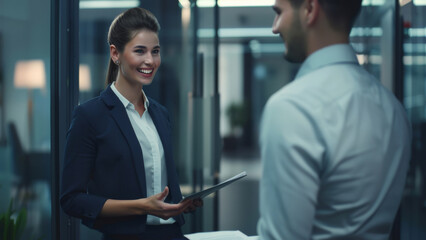 Fototapeta premium Confident businesswoman greets with a smile during an evening meeting.