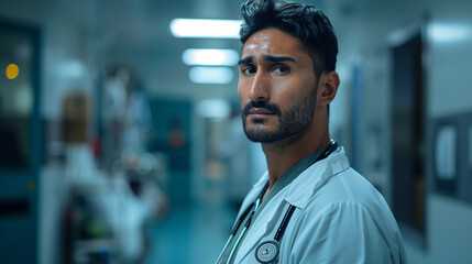 Fototapeta premium Emirati man wearing a medical gown and stethoscope, profile pose, hospital background. Full body shot. AI Generated