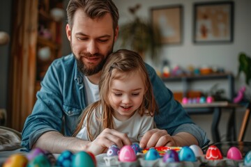 Father and daughter have fun painting Easter eggs in the living room. 