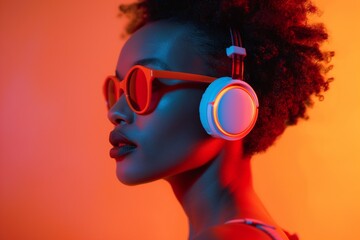 young black woman wearing sunglasses and headphones, enjoying the music, orange background, looking to the left