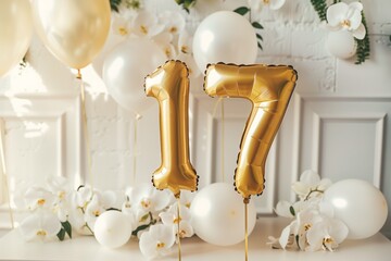 17. Hochzeitstag, 17. Hochzeitsjubiläum, Orchideenhochzeit, "17" aus goldenen Heliumballons vor festlichem Hintergrund