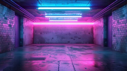 Neon Lights Illuminating an Empty Urban Underground Parking Lot with Vibrant Colors - obrazy, fototapety, plakaty