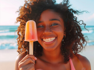 Portrait of a young smiling afro american woman eating a popsicle ice cream on hot summer day at the beach. AI Generated