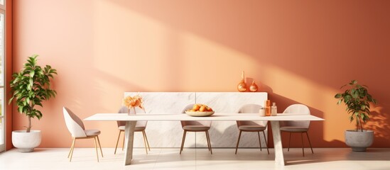 A warm peach-fuzz colored dining room featuring a white marble table, chairs, and a potted plant. The minimalist setting is accented by a colorful apricot wall background,