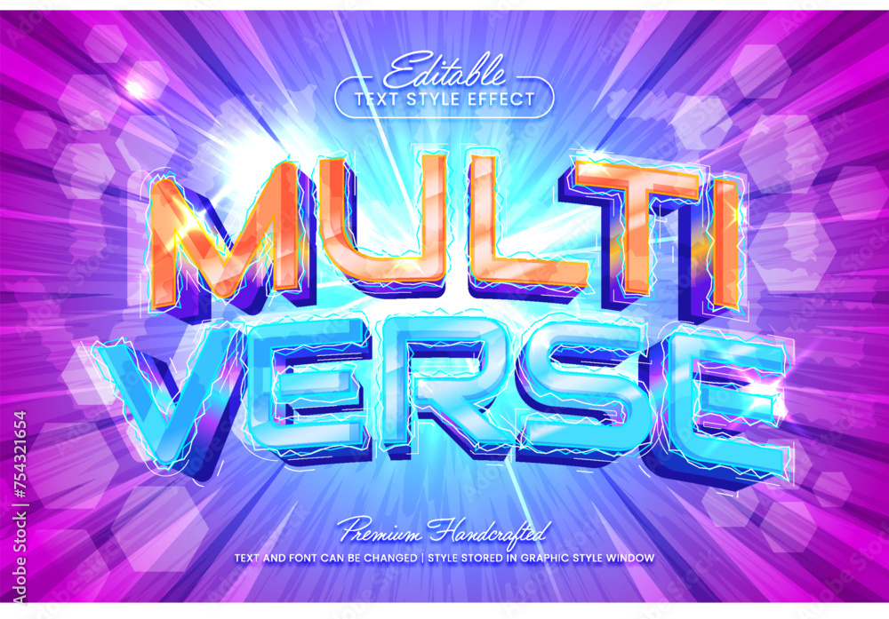 Poster multiverse 3d vector text effect graphic style. editable vector headline and title template.