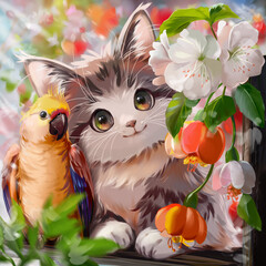 Kitten, parrot, flowers, and spring - 754321829