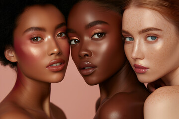 Three beautiful models of different races with natural makeup on their skin, a photo for advertising cosmetics in beige and pink tones on a light background with studio lighting
