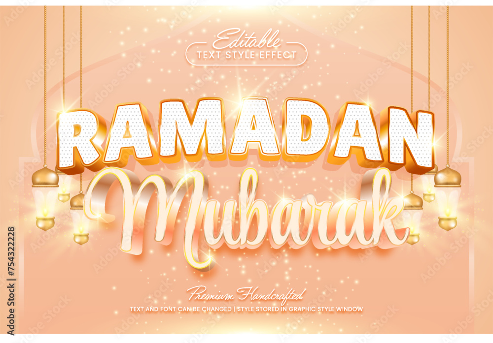Poster ramadan mubarak 3d vector text effect graphic style. editable vector headline and title template.
