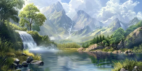 Poster landscape mountains trees and a river under a blue sky © Classy designs