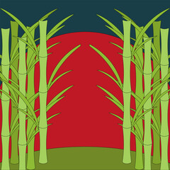 Chinese art with Bamboo tree on sunset background with Copy space. Asian plant and red Sun artwork. Vector illustration can used web banner card cover tamplate. EPS 10 Editable stroke.
