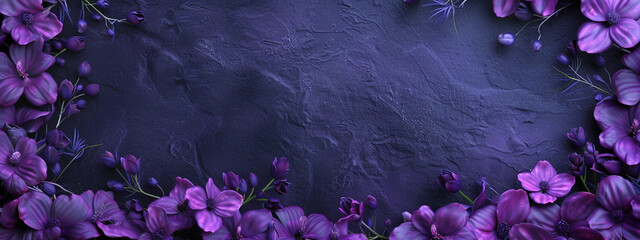 Frame made of beautiful violet and purple Iris flowers on textured lilac background with copy...