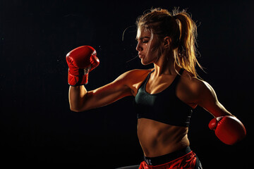 Kickboxing woman in activewear and red kickboxing gloves performing a martial arts kick