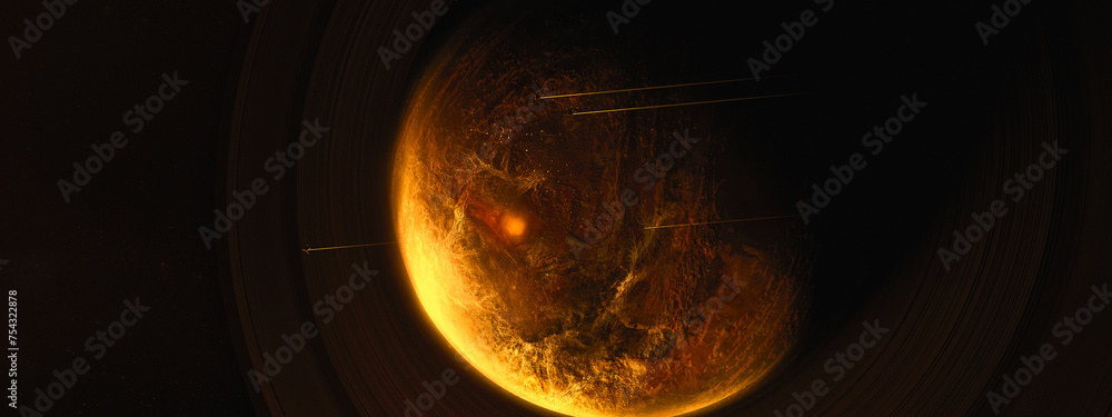 Poster yellow planet in space. universe and planet. 3d-rendering.