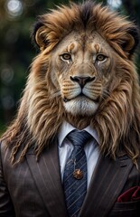 Lion dressed in an elegant and modern suit with a nice tie. Fashion portrait of an anthropomorphic animal, shooted in a charismatic human attitude - Generative AI
