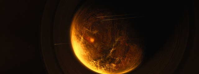 Yellow planet in space. Universe and planet. 3D-Rendering.