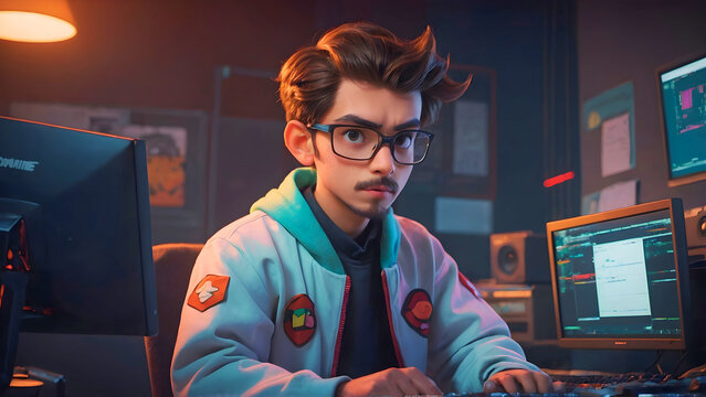 A developer getting ready for hard work while surrounded by tech stuff.