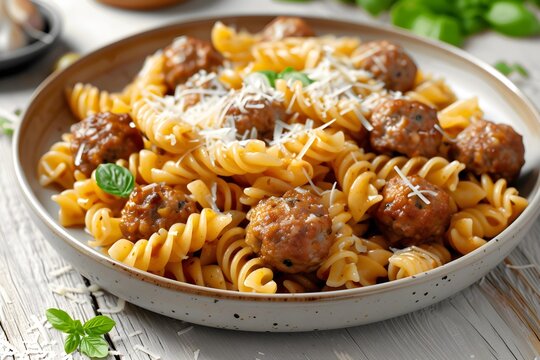 Here is the image based on your description, showcasing a plate of spaghetti with meatballs