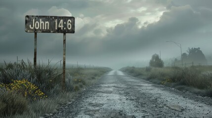 Bible Verse John 14:6 on a Deserted Road