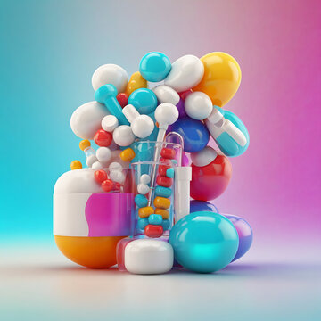 3d render of a molecule, pills and bottle, tablets and capsules