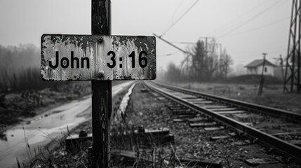 A sign says John 3:16 on a deserted track