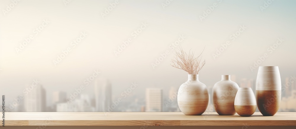 Poster a group of modern vases are neatly arranged on a wooden table in a minimalist interior. the vases ad